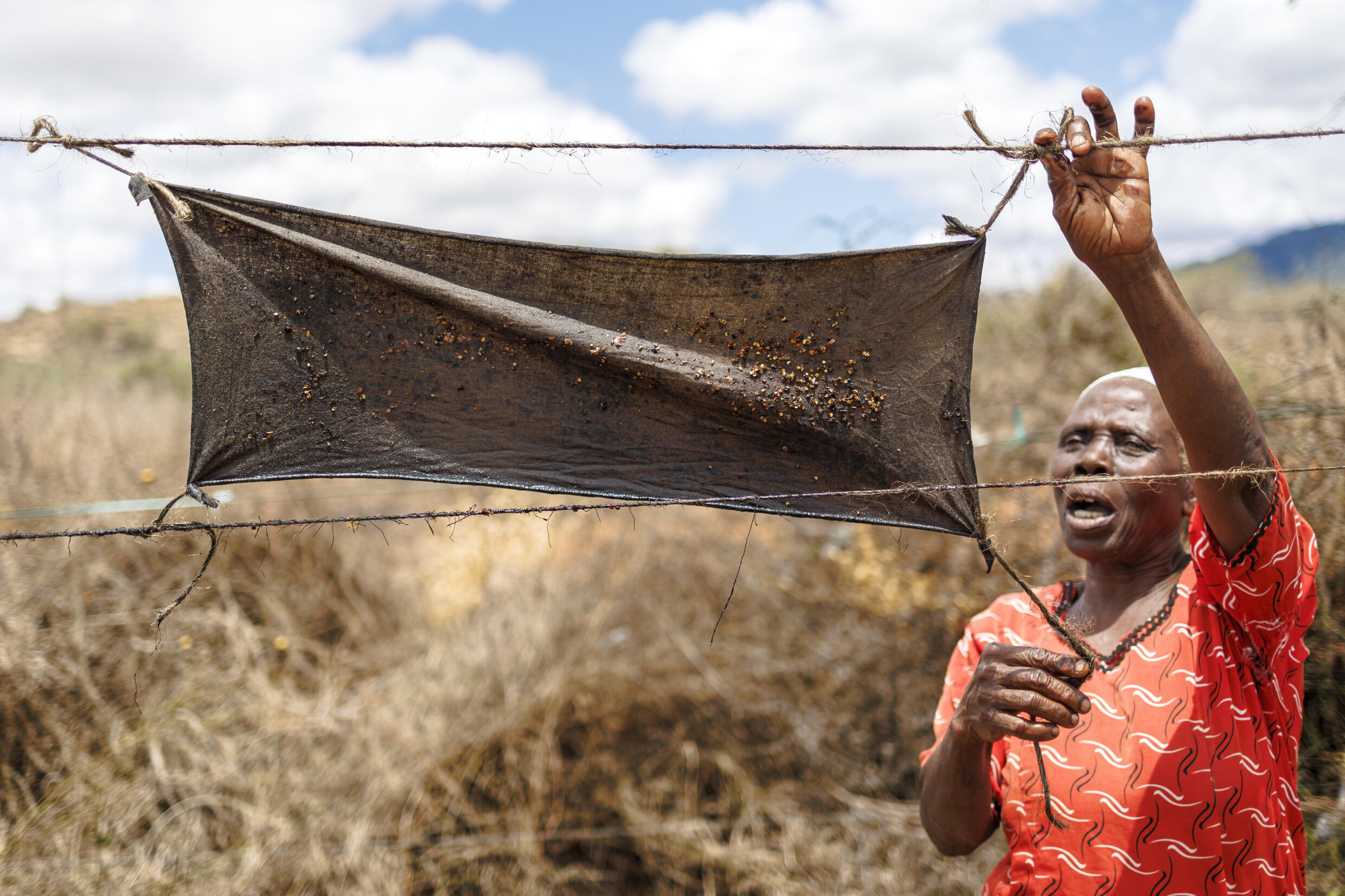 Hendrita Mwalada uses rags soaked with a mixture of fuel and chilli around her farm